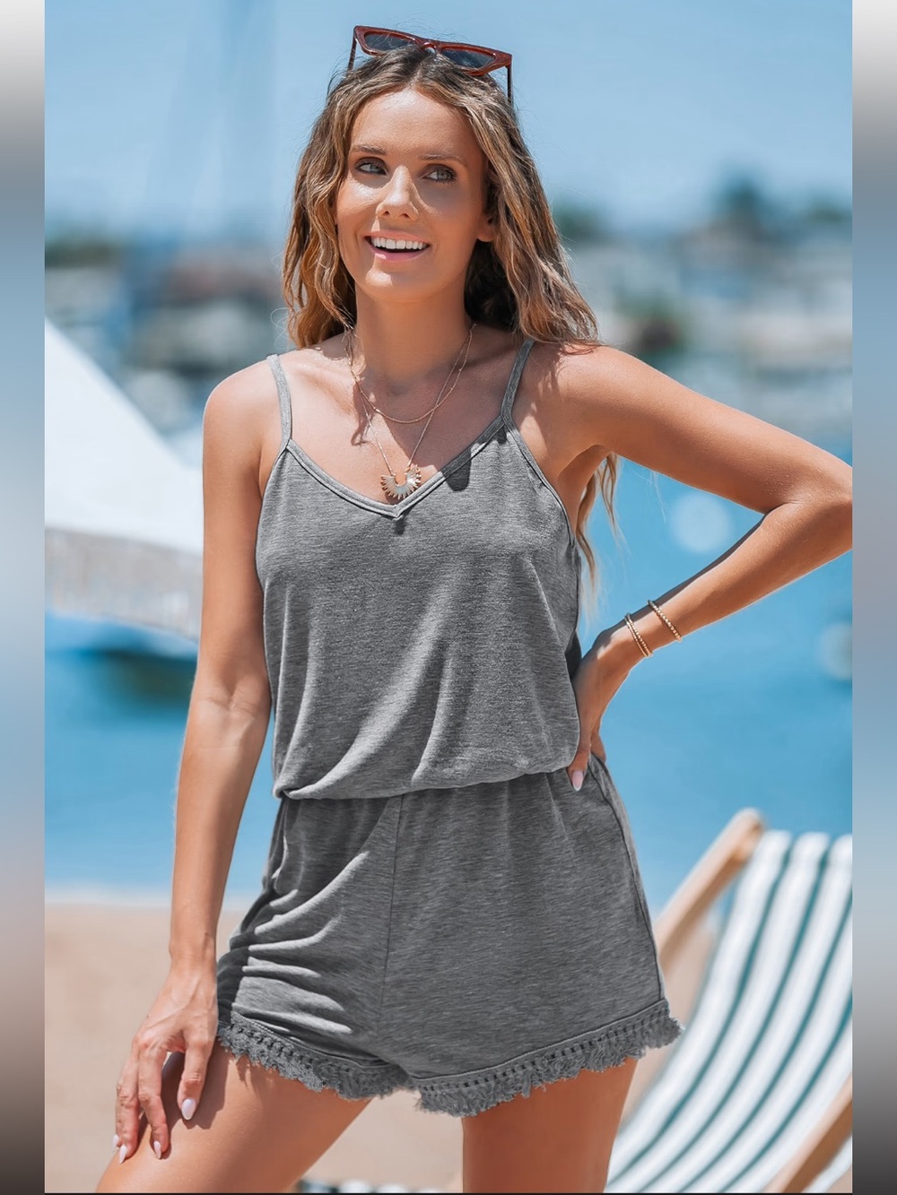 NWT CupShe Grey Sleeveless Fringe Hem Straight Leg Jersey Romper- size S